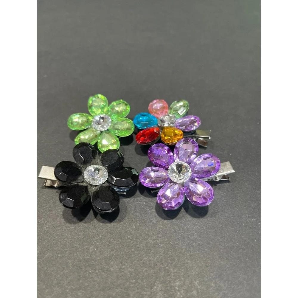4pc Crystal Flower Hair Clips Set Rhinestone Alligator Clips Multicolor Black